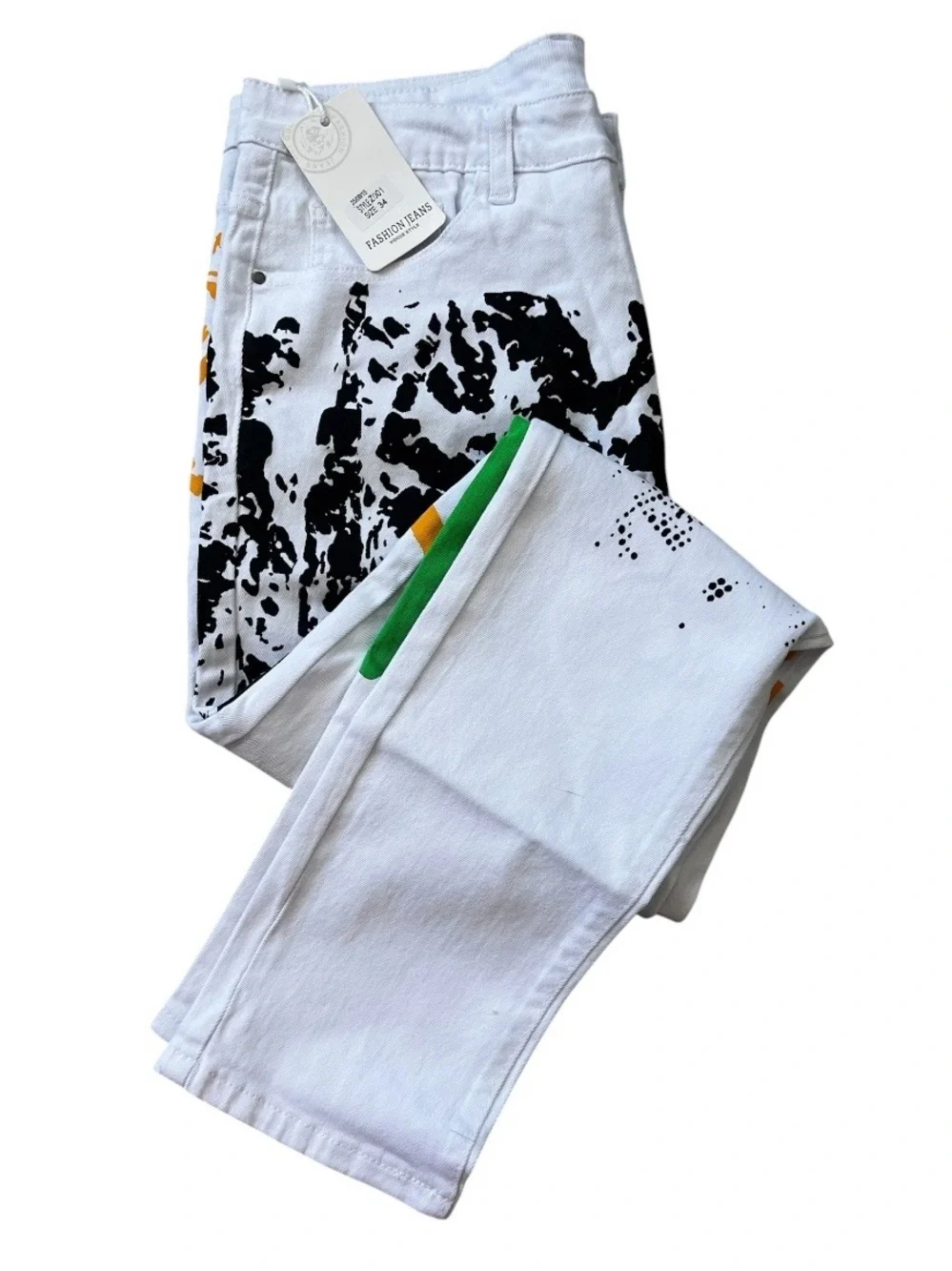 Slim White Men's Jeans with Black, Green & Yellow Graphic Prints
